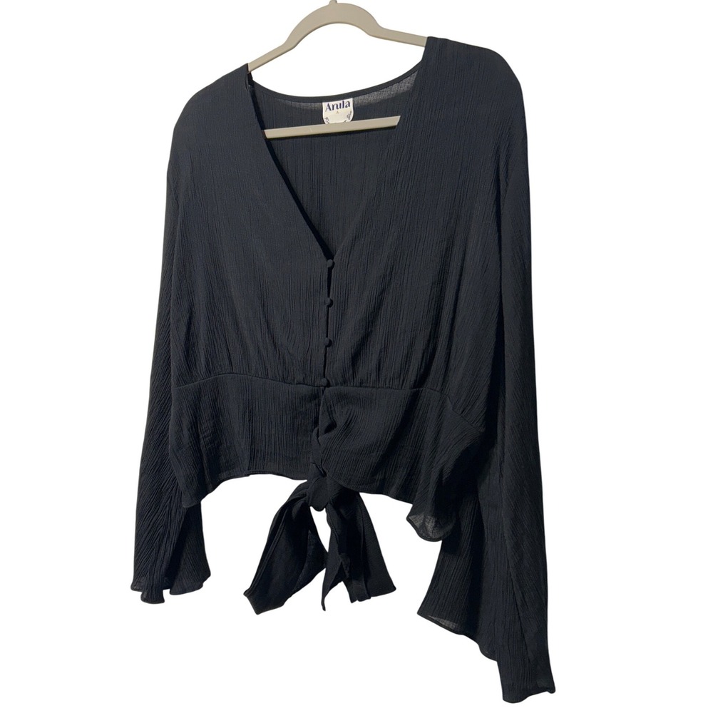 Arula Black‎ Textured Tie Front Bell Sleeve Crop Top Women's Size A (1XL) EUC